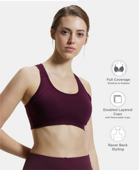 Wirefree Padded Super Combed Cotton Elastane Stretch Full Coverage Racerback Styling Active Bra with StayFresh and Moisture Move Treatment - Wine Tasting