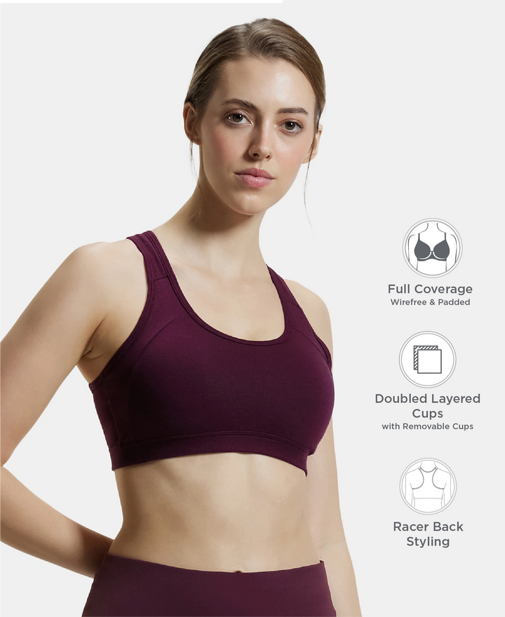 Wirefree Padded Super Combed Cotton Elastane Stretch Full Coverage Racerback Styling Active Bra with StayFresh and Moisture Move Treatment - Wine Tasting