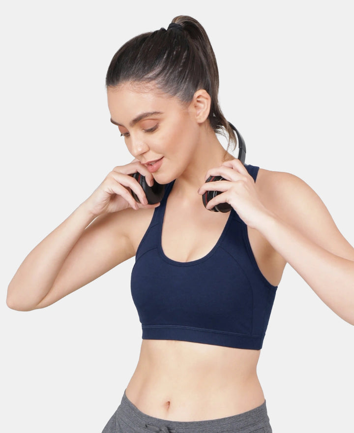 Wirefree Padded Super Combed Cotton Elastane Stretch Full Coverage Racerback Styling Active Bra with StayFresh and Moisture Move Treatment - Imperial Blue