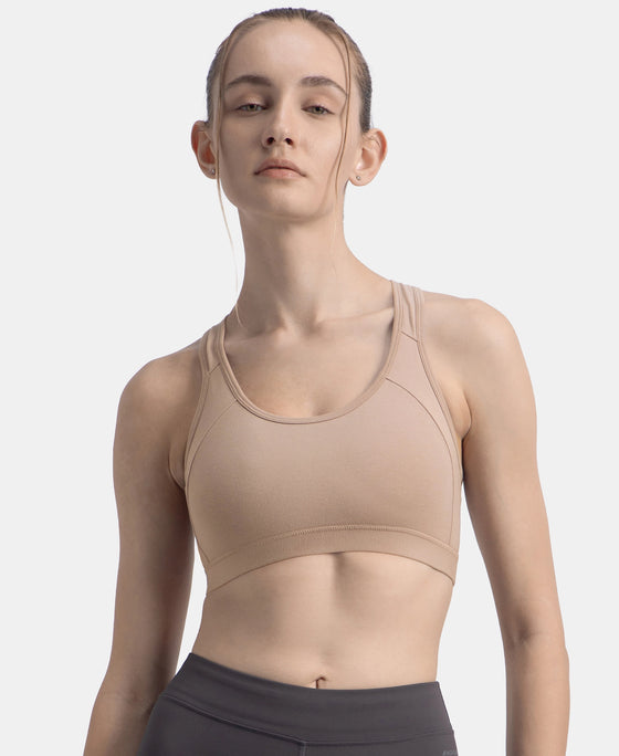 Wirefree Padded Super Combed Cotton Elastane Stretch Full Coverage Racerback Styling Active Bra with StayFresh and Moisture Move Treatment - Mocha