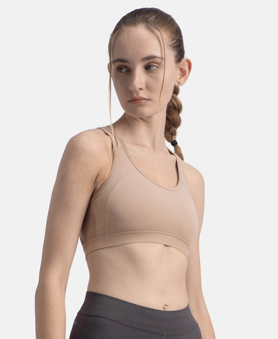 Wirefree Padded Super Combed Cotton Elastane Stretch Full Coverage Racerback Styling Active Bra with StayFresh and Moisture Move Treatment - Mocha