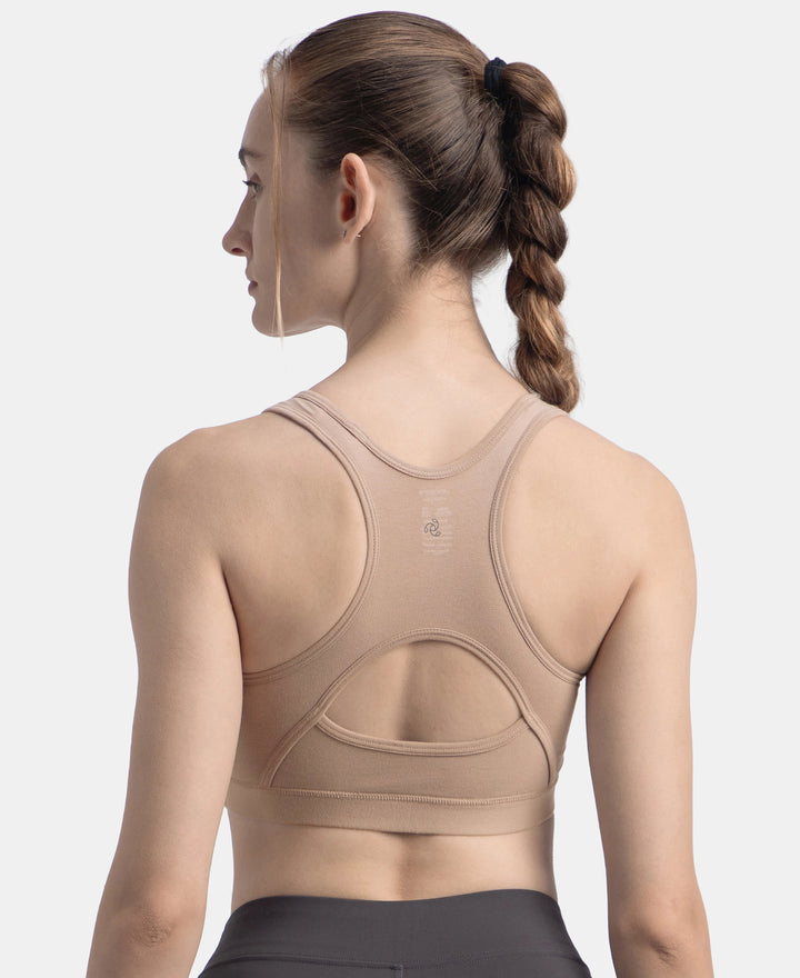 Wirefree Padded Super Combed Cotton Elastane Stretch Full Coverage Racerback Styling Active Bra with StayFresh and Moisture Move Treatment - Mocha