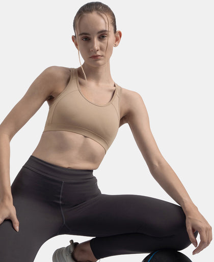 Wirefree Padded Super Combed Cotton Elastane Stretch Full Coverage Racerback Styling Active Bra with StayFresh and Moisture Move Treatment - Mocha