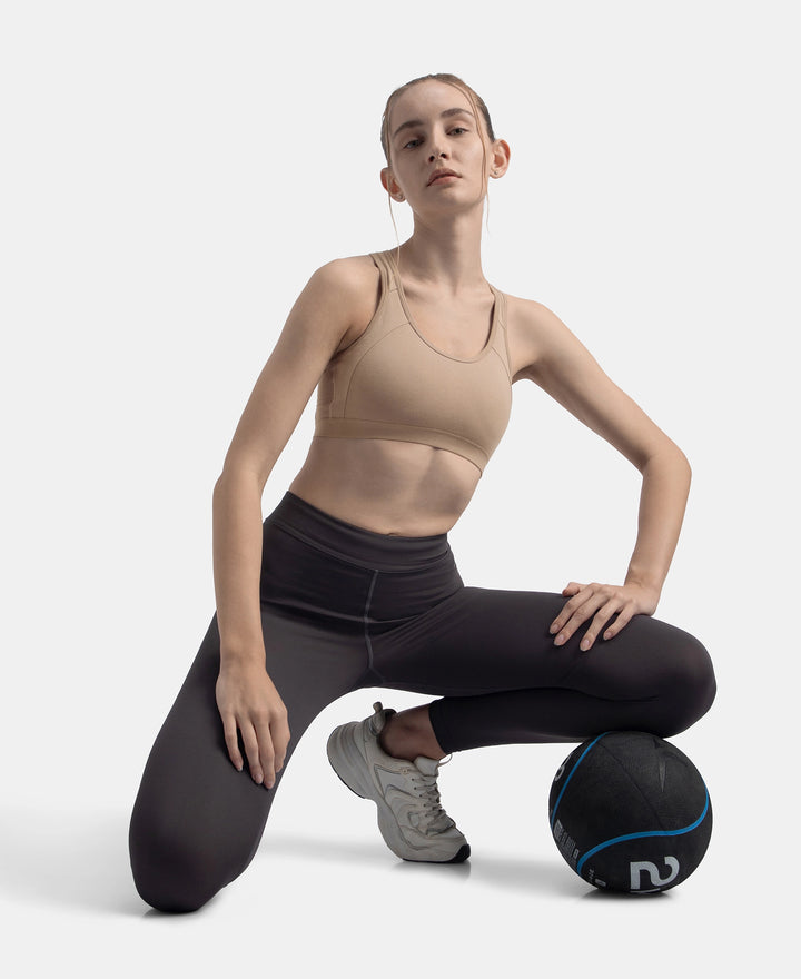 Wirefree Padded Super Combed Cotton Elastane Stretch Full Coverage Racerback Styling Active Bra with StayFresh and Moisture Move Treatment - Mocha