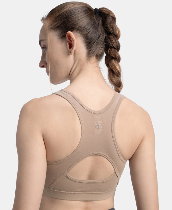 Wirefree Padded Super Combed Cotton Elastane Stretch Full Coverage Racerback Styling Active Bra with StayFresh and Moisture Move Treatment - Mocha