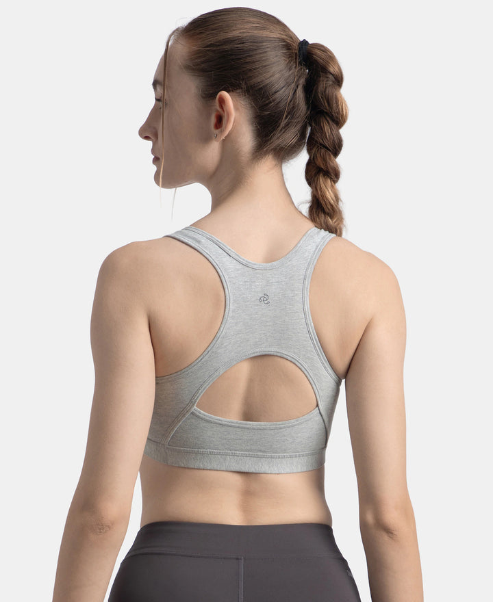 Wirefree Padded Super Combed Cotton Elastane Stretch Full Coverage Racerback Styling Active Bra with StayFresh and Moisture Move Treatment - Steel Grey Melange