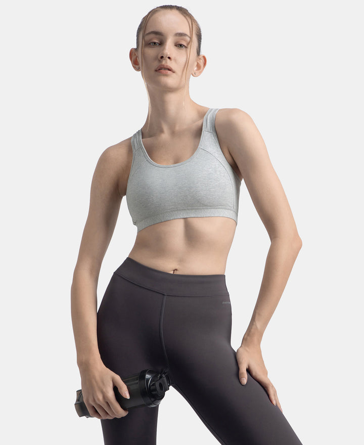 Wirefree Padded Super Combed Cotton Elastane Stretch Full Coverage Racerback Styling Active Bra with StayFresh and Moisture Move Treatment - Steel Grey Melange