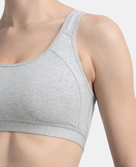 Wirefree Padded Super Combed Cotton Elastane Stretch Full Coverage Racerback Styling Active Bra with StayFresh and Moisture Move Treatment - Steel Grey Melange