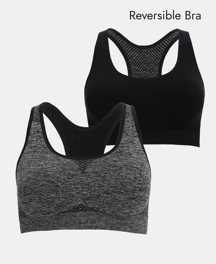 Wirefree Non Padded Micro Touch Nylon Elastane Full Coverage Reversible Active Bra With StayFresh Treatment - Black Melange