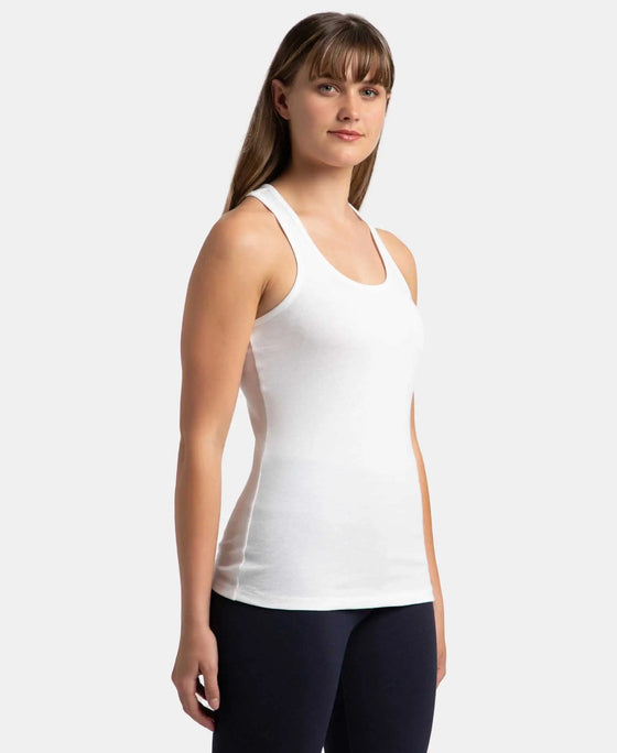 Super Combed Cotton Rib Fabric Slim Fit Solid Racerback Styled Tank Top - White-2