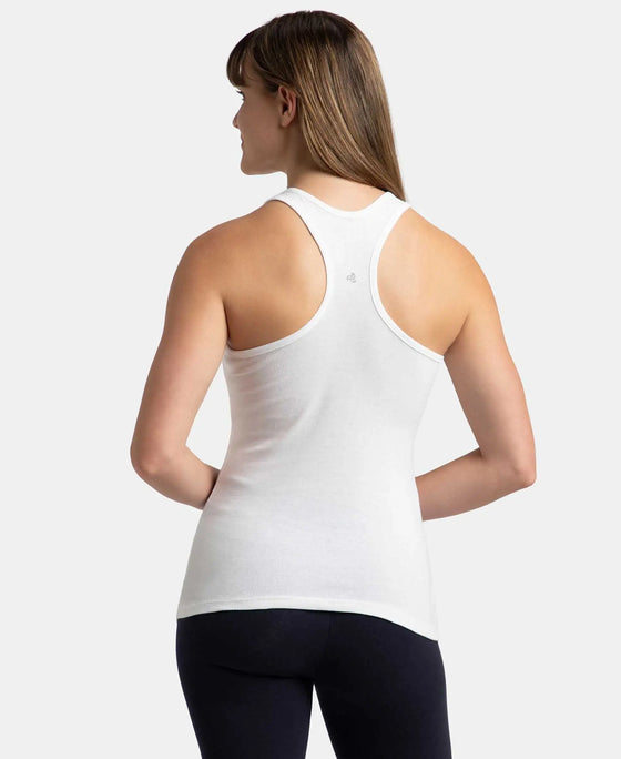 Super Combed Cotton Rib Fabric Slim Fit Solid Racerback Styled Tank Top - White-3