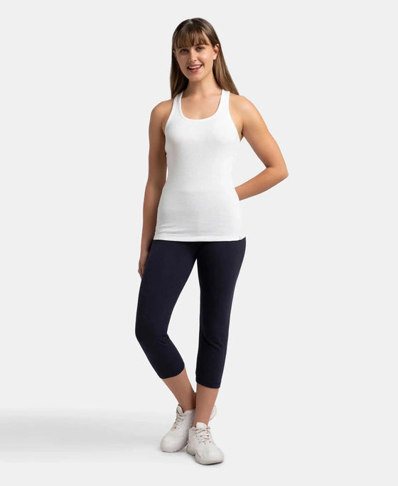 Super Combed Cotton Rib Fabric Slim Fit Solid Racerback Styled Tank Top - White-4
