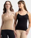 Super Combed Cotton Rib Camisole with Adjustable Straps and StayFresh Treatment - Black & Almondine (Pack of 2)