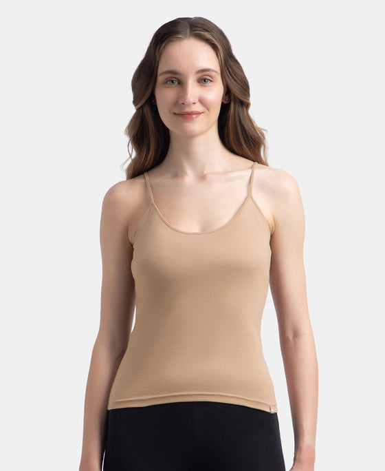 Super Combed Cotton Rib Camisole with Adjustable Straps and StayFresh Treatment - Black & Almondine (Pack of 2)