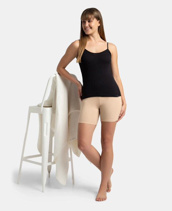 Super Combed Cotton Rib Camisole with Adjustable Straps and StayFresh Treatment - Black & Almondine (Pack of 2)