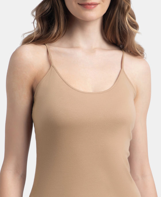 Super Combed Cotton Rib Camisole with Adjustable Straps and StayFresh Treatment - Black & Almondine (Pack of 2)