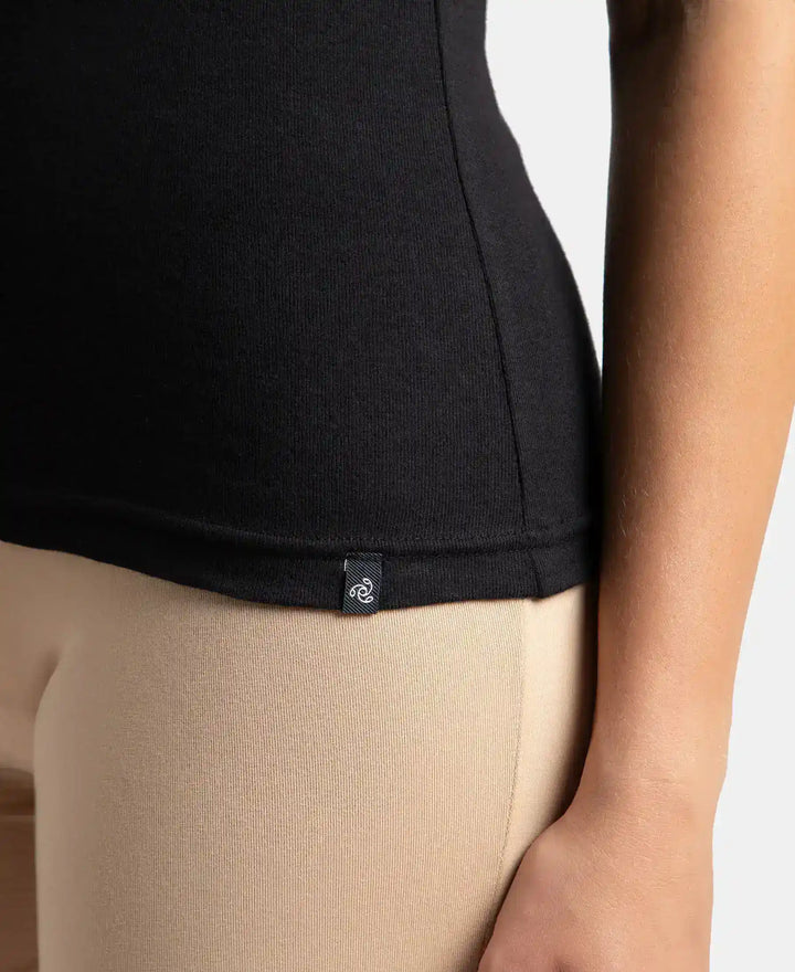 Super Combed Cotton Rib Camisole with Adjustable Straps and StayFresh Treatment - Black & Almondine (Pack of 2)