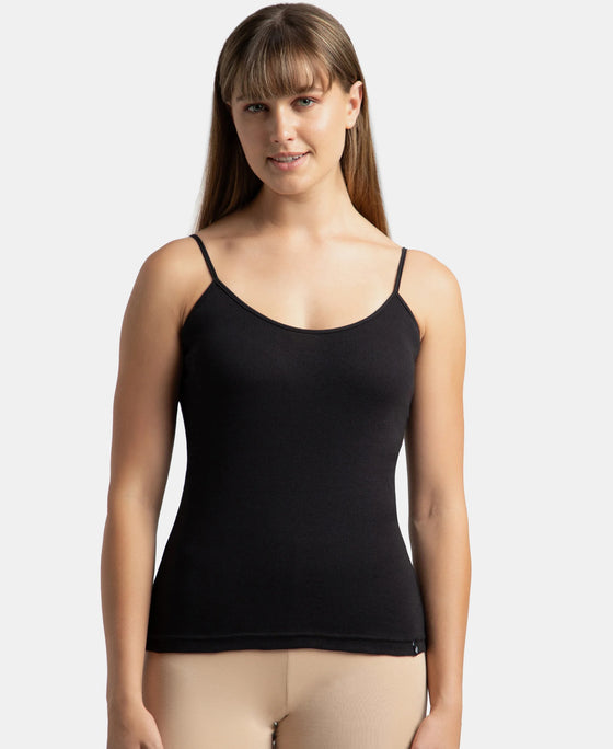 Super Combed Cotton Rib Camisole with Adjustable Straps and StayFresh Treatment - Black & Almondine (Pack of 2)