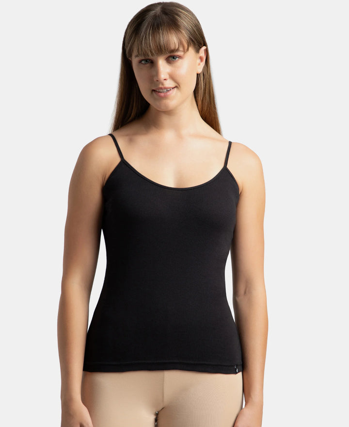 Super Combed Cotton Rib Camisole with Adjustable Straps and StayFresh Treatment - Black & Almondine (Pack of 2)