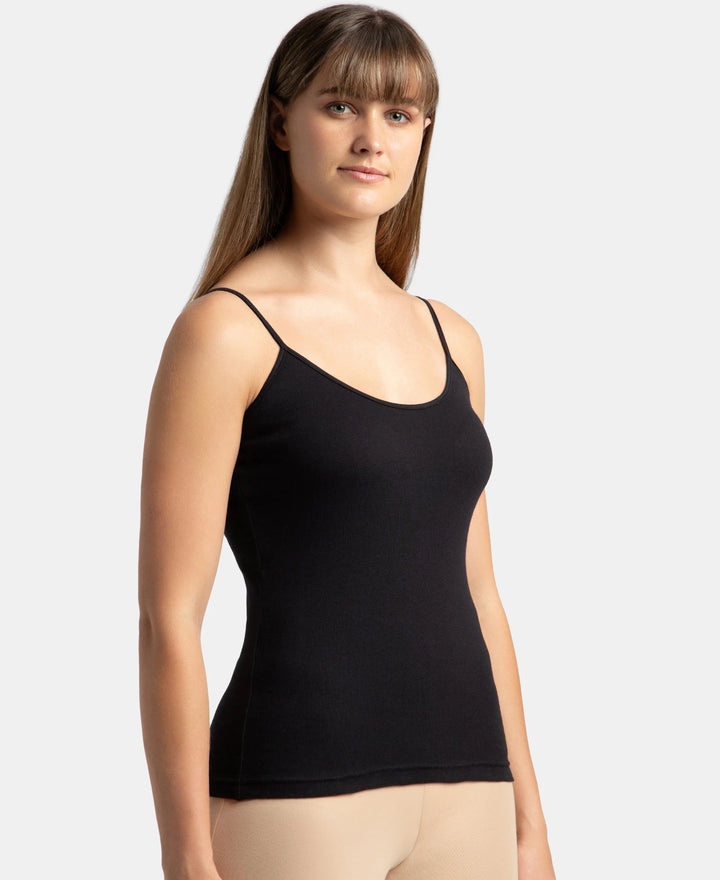 Super Combed Cotton Rib Camisole with Adjustable Straps and StayFresh Treatment - Black & Almondine (Pack of 2)