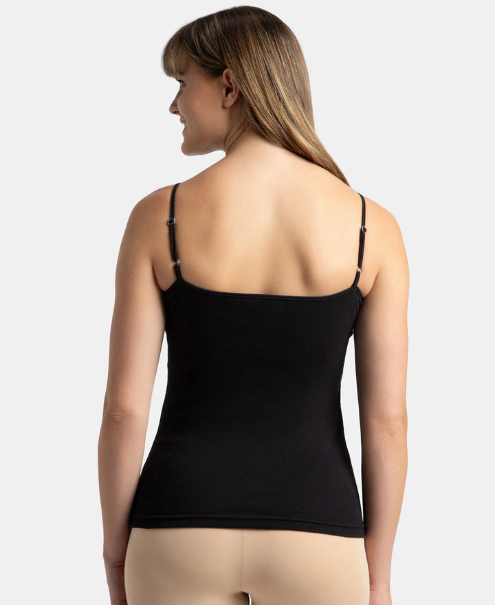 Super Combed Cotton Rib Camisole with Adjustable Straps and StayFresh Treatment - Black & Almondine (Pack of 2)