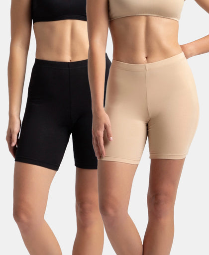 High Coverage Super Combed Cotton Elastane Stretch Shorties With Concealed Waistband - Black & Skin (Pack of 2)