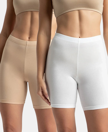 High Coverage Super Combed Cotton Elastane Stretch Shorties With Concealed Waistband - White & Skin (Pack of 2)