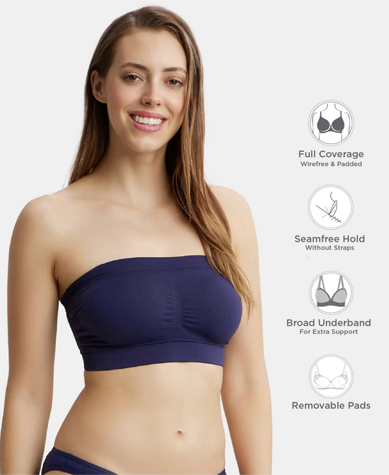 Wirefree Padded Micro Touch Nylon Elastane Stretch Bandeau Bra with Removable Pads and Detachable Transparent Straps - Classic Navy