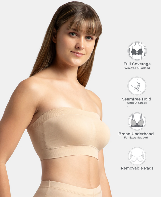 Wirefree Padded Micro Touch Nylon Elastane Stretch Bandeau Bra with Removable Pads and Detachable Transparent Straps - Light Skin