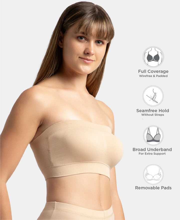 Wirefree Padded Micro Touch Nylon Elastane Stretch Bandeau Bra with Removable Pads and Detachable Transparent Straps - Light Skin