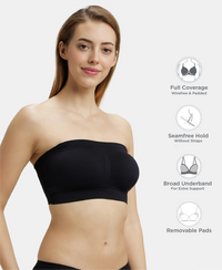 Wirefree Padded Micro Touch Nylon Elastane Stretch Bandeau Bra with Removable Pads and Detachable Transparent Straps - Black