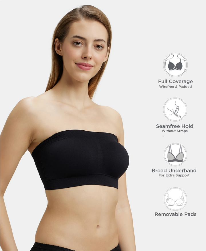 Wirefree Padded Micro Touch Nylon Elastane Stretch Bandeau Bra with Removable Pads and Detachable Transparent Straps - Black