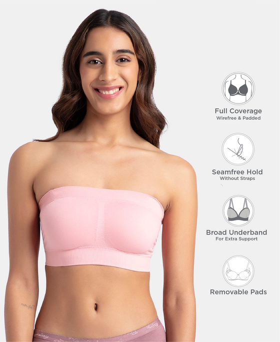 Wirefree Padded Micro Touch Nylon Elastane Stretch Bandeau Bra with Removable Pads and Detachable Transparent Straps - Crush N Blush