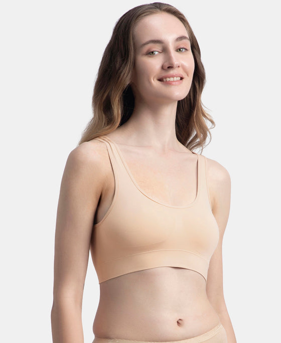 Wirefree Medium Padded Micro Touch Nylon Elastane Stretch Full Coverage Slip-On Lounge Bra with Longline Styling - Skin