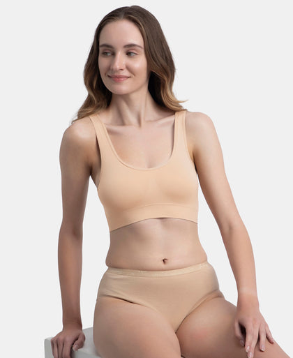 Wirefree Medium Padded Micro Touch Nylon Elastane Stretch Full Coverage Slip-On Lounge Bra with Longline Styling - Skin