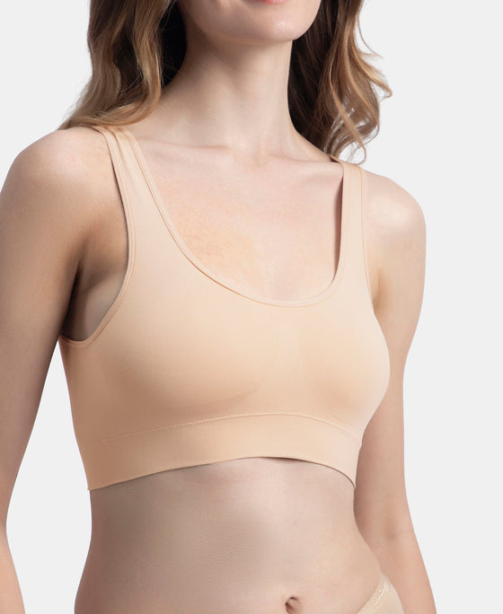Wirefree Medium Padded Micro Touch Nylon Elastane Stretch Full Coverage Slip-On Lounge Bra with Longline Styling - Skin