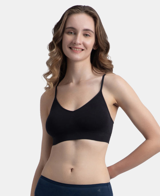 Wirefree Lightly Padded Micro Touch Nylon Elastane Stretch Full Coverage Slip-On Lounge Bra with Longline Styling - Black