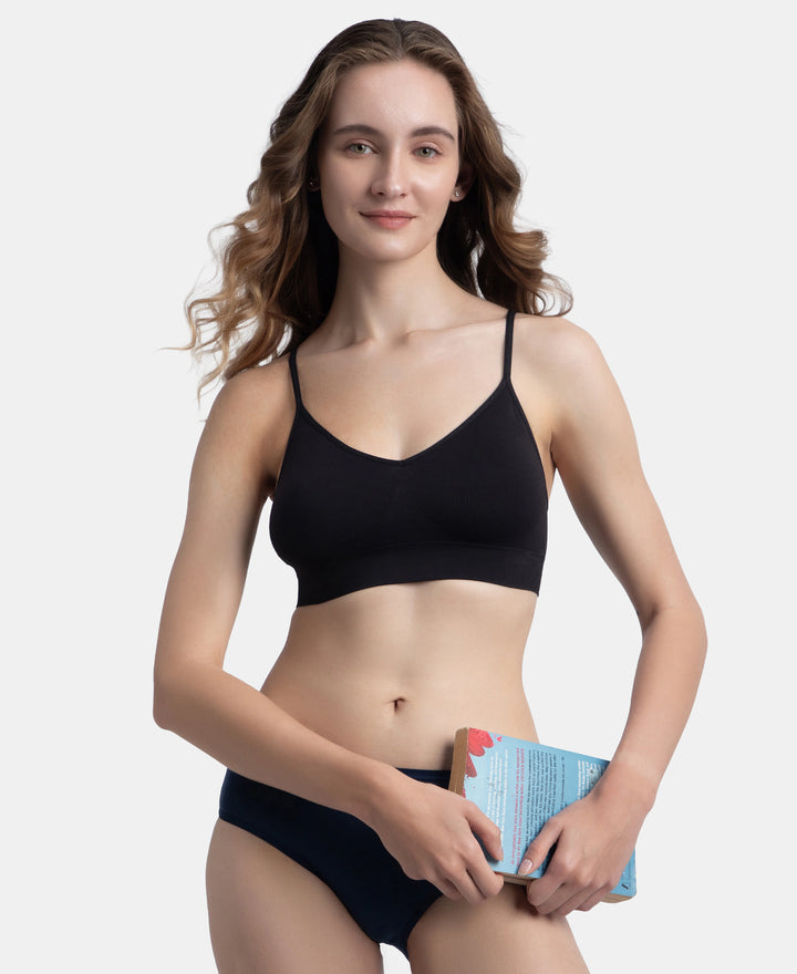 Wirefree Lightly Padded Micro Touch Nylon Elastane Stretch Full Coverage Slip-On Lounge Bra with Longline Styling - Black