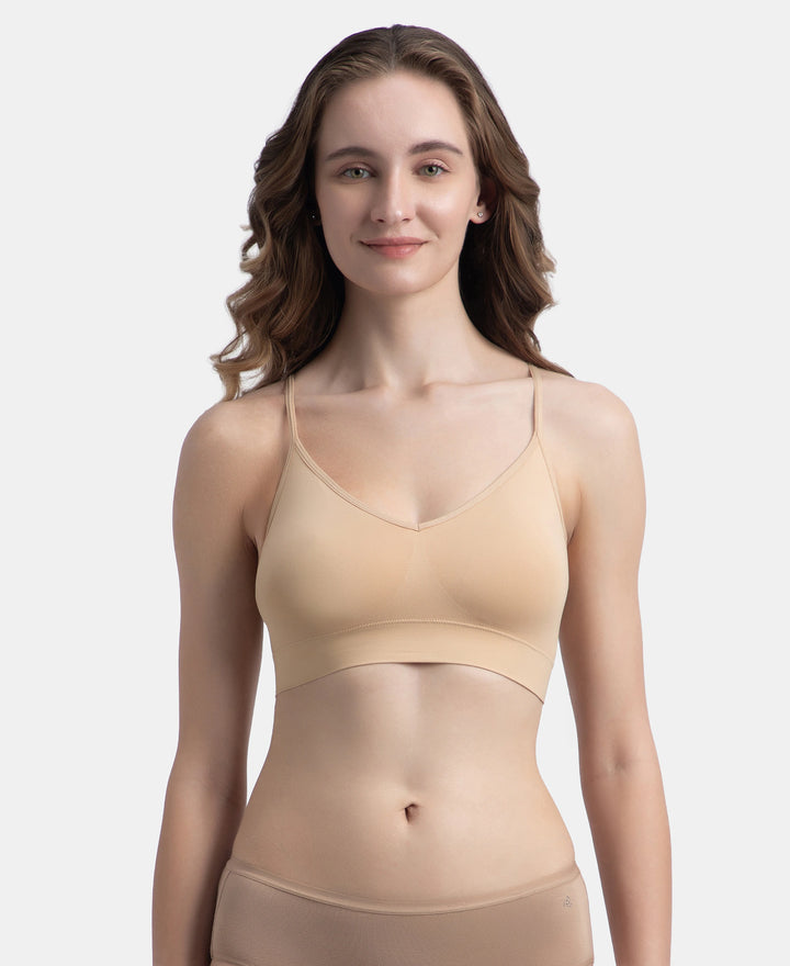Wirefree Lightly Padded Micro Touch Nylon Elastane Stretch Full Coverage Slip-On Lounge Bra with Longline Styling - Skin