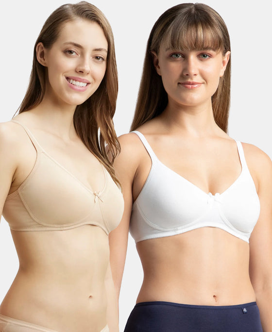 Pack of 2 Wirefree Non Padded Super Combed Cotton Elastane Stretch Medium Coverage Everyday Bra with Concealed Shaper Panel - White & Skin