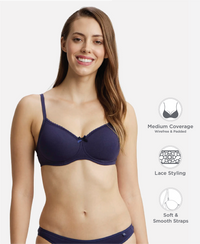 Wirefree Padded Super Combed Cotton Elastane Stretch Medium Coverage T-Shirt Bra with Lace Styling - Classic Navy
