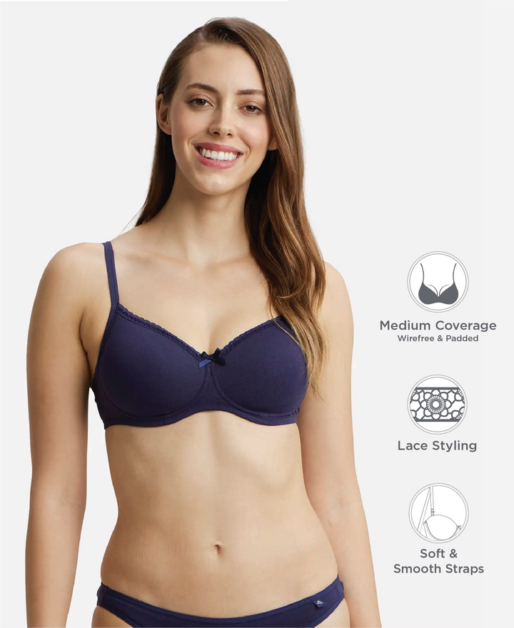 Wirefree Padded Super Combed Cotton Elastane Stretch Medium Coverage T-Shirt Bra with Lace Styling - Classic Navy