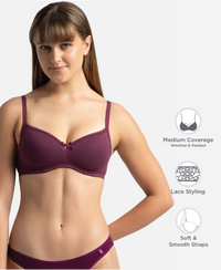 Wirefree Padded Super Combed Cotton Elastane Stretch Medium Coverage T-Shirt Bra with Lace Styling - Prune