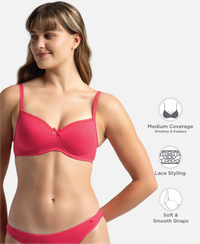 Wirefree Padded Super Combed Cotton Elastane Stretch Medium Coverage T-Shirt Bra with Lace Styling - Ruby
