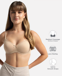 Wirefree Padded Super Combed Cotton Elastane Stretch Medium Coverage T-Shirt Bra with Lace Styling - Light Skin