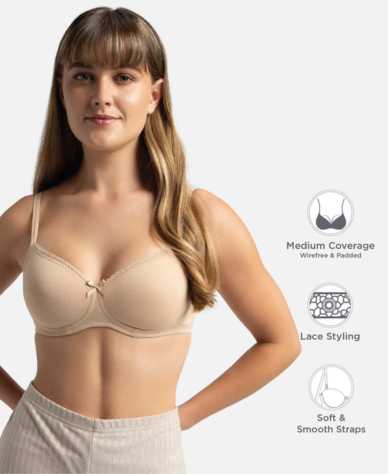 Wirefree Padded Super Combed Cotton Elastane Stretch Medium Coverage T-Shirt Bra with Lace Styling - Light Skin