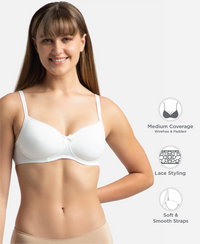Wirefree Padded Super Combed Cotton Elastane Stretch Medium Coverage T-Shirt Bra with Lace Styling - White