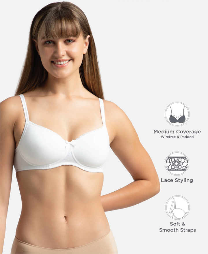 Wirefree Padded Super Combed Cotton Elastane Stretch Medium Coverage T-Shirt Bra with Lace Styling - White