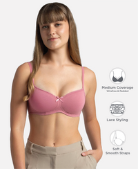 Wirefree Padded Super Combed Cotton Elastane Stretch Medium Coverage T-Shirt Bra with Lace Styling - Heather Rose