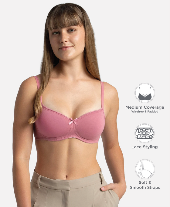 Wirefree Padded Super Combed Cotton Elastane Stretch Medium Coverage T-Shirt Bra with Lace Styling - Heather Rose